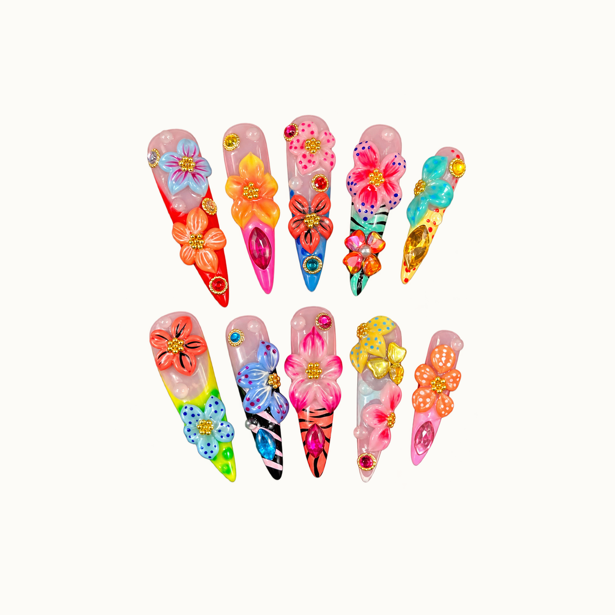 Ten pointed floral nails arranged in two rows on an off-white background, with raised multicolor petals, dotted details, stripes, and jewel accents.