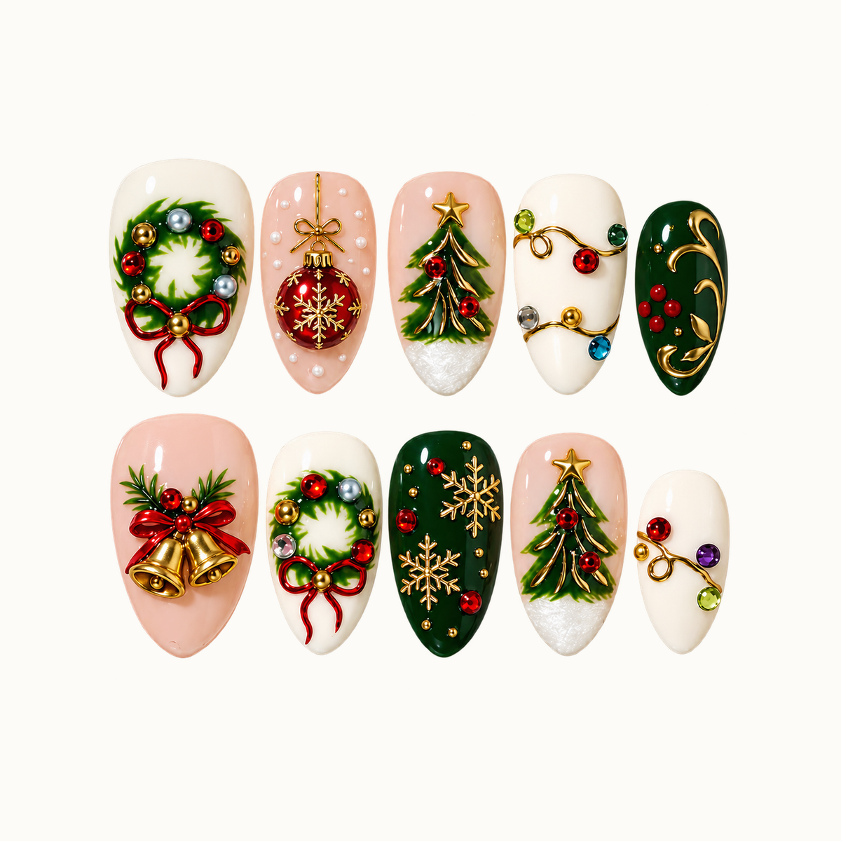 Ten Christmas press-on nails arranged in two rows on a light background, with wreaths, trees, bells, a red ornament, and gold-tone snowflakes.