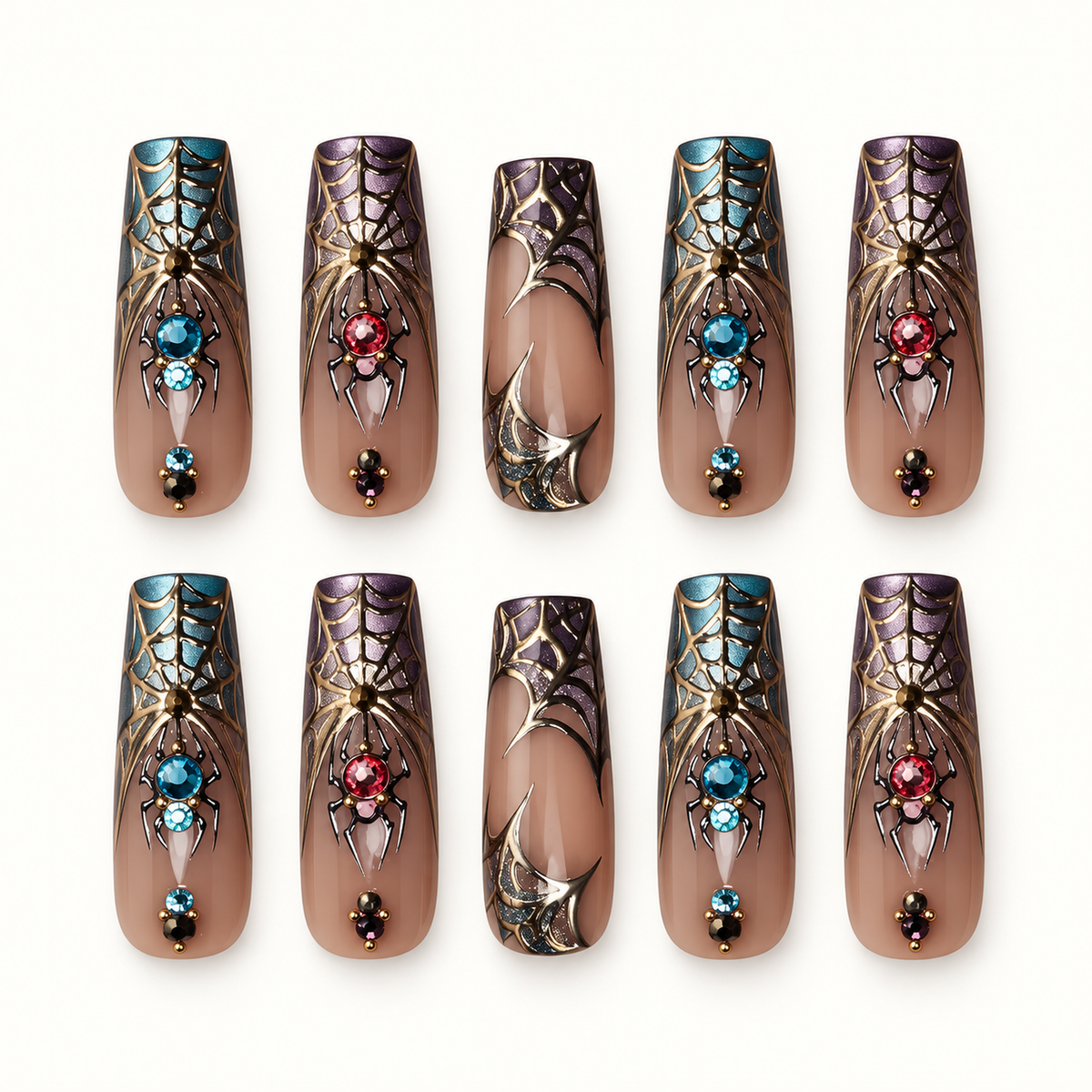 Gilded Spider Web press-on nails with smoky nude bases, dark web motifs, metallic-style outlines, and jewel-like accents on a neutral greige background.