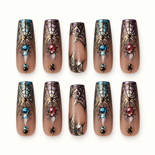 Gilded Spider Web press-on nails with smoky nude bases, dark web motifs, metallic-style outlines, and jewel-like accents on a neutral greige background.