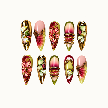 Ten coordinated nails in two rows with pink floral motifs, olive gradients, iridescent mosaics, and raised gold-tone accents on a light neutral background.
