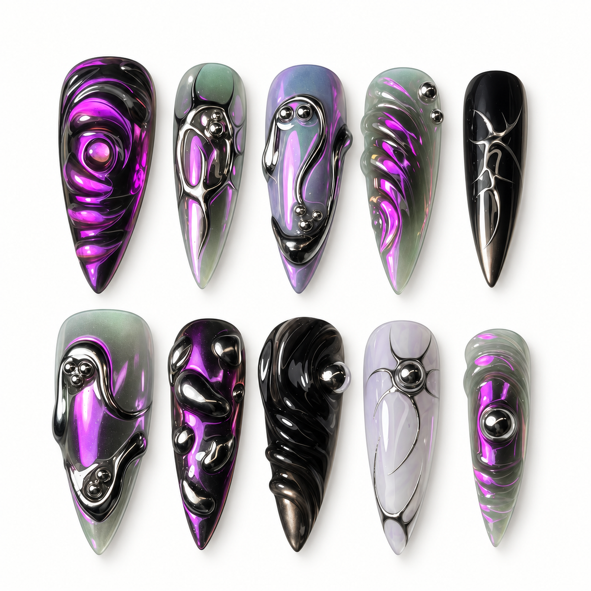 Ten long press-on nails arranged in a clear case, featuring black, smoky gray, violet chrome, and raised silver abstract details.