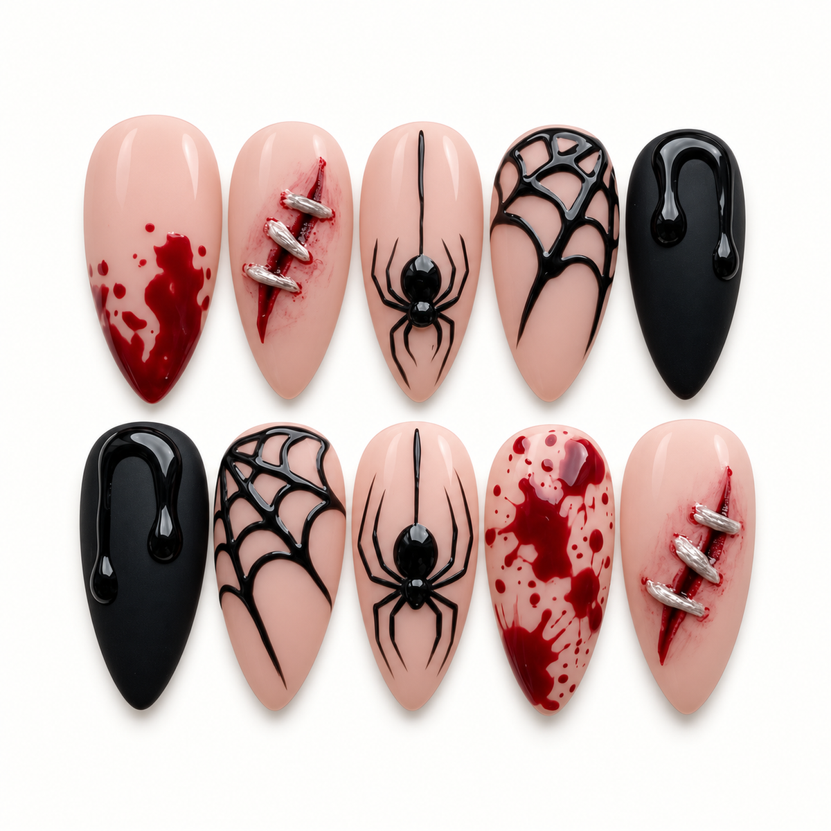 Crimson Web press-on nail set with nude, glossy black, and deep red designs featuring raised spiders, web linework, splatter, and slash-like accents.