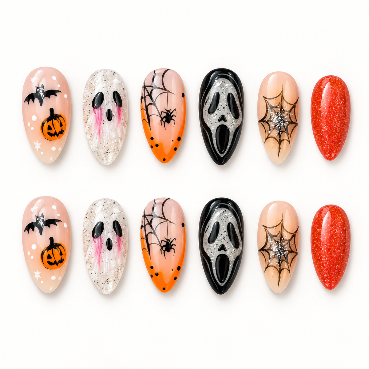 Haunted Harvest Web press-on nails with nude, orange, black, white, and silver-glitter Halloween motifs.