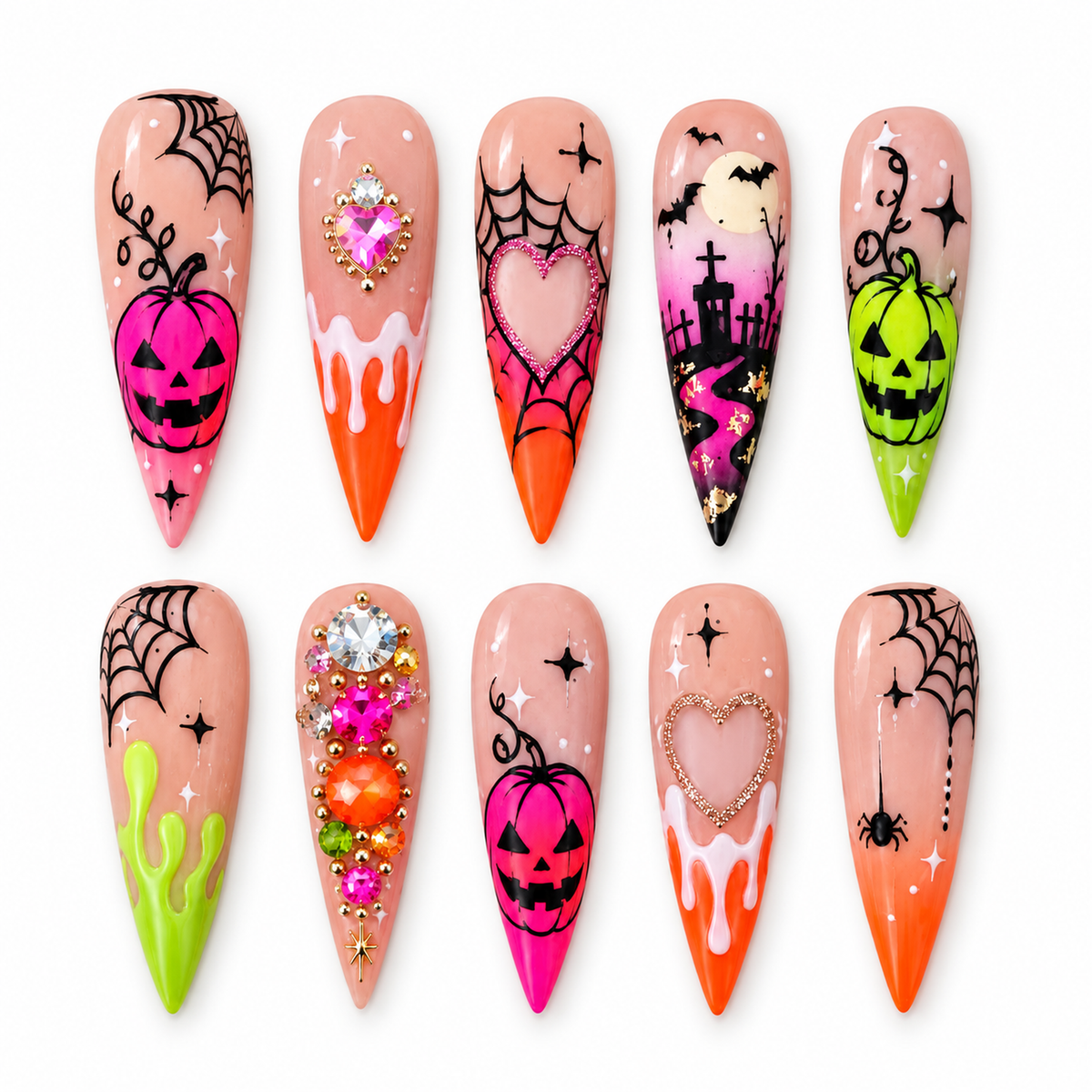 Ten coordinated Halloween press-on nails with pink and lime pumpkins, black spiderwebs, orange drips, bats, graveyard art, hearts, and gem accents.