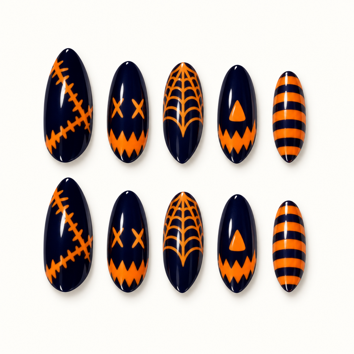 Midnight Web Press-On Nails with deep navy and orange web-inspired, striped, and stitch-like graphic designs