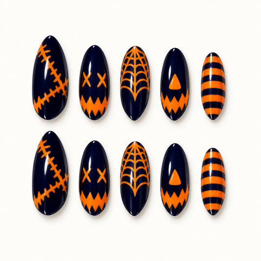 Midnight Web Press-On Nails with deep navy and orange web-inspired, striped, and stitch-like graphic designs