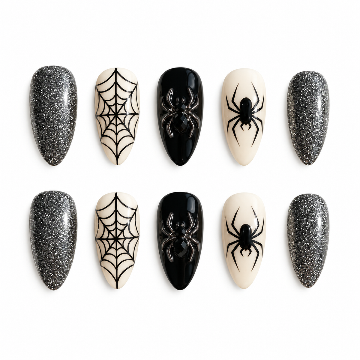 Ten coordinated press-on nails in silver glitter, glossy black, and ivory with black spiderweb and spider accents arranged in two rows.