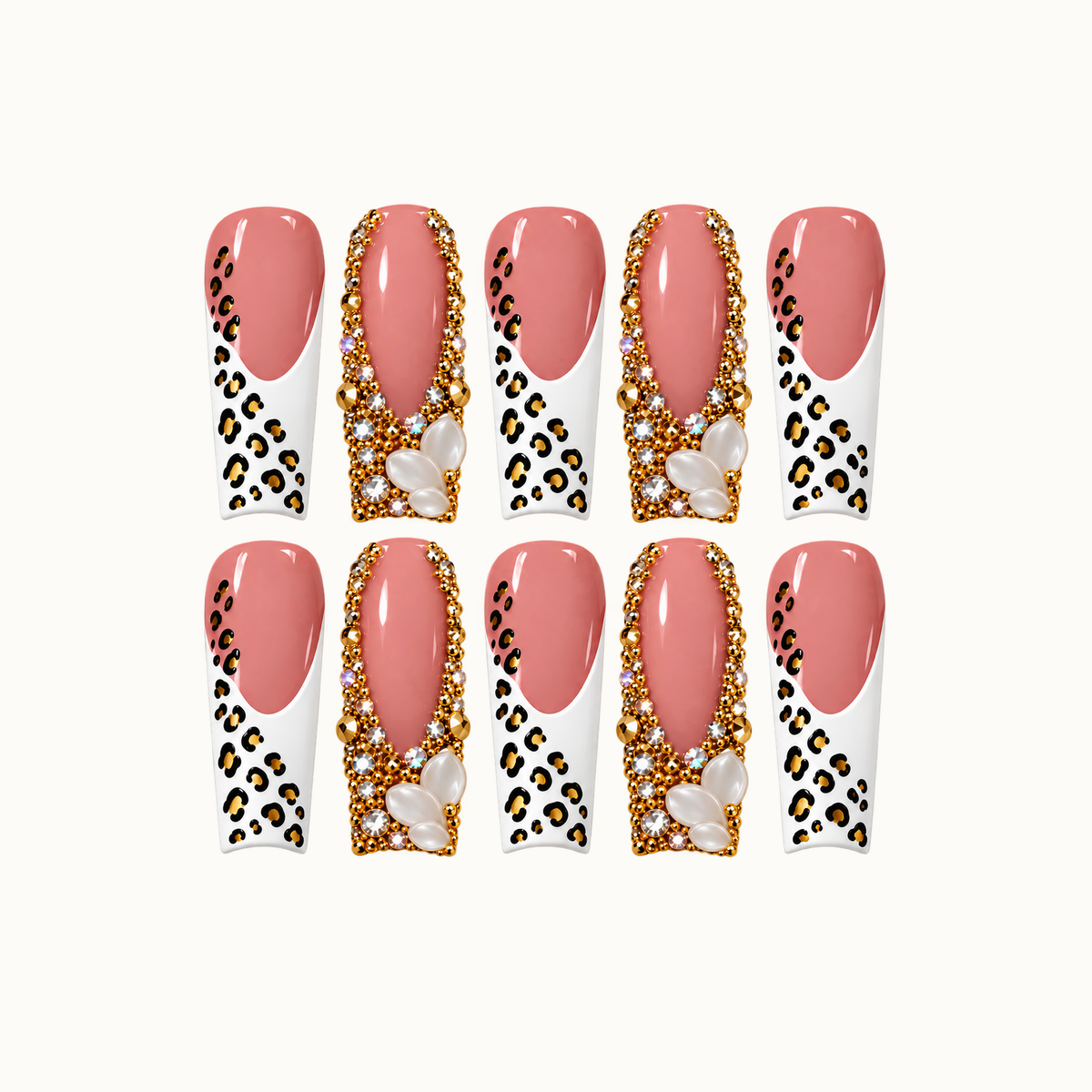 Ten blush pink nails arranged in two rows on a light background, alternating white leopard-print tips with gold-tone jeweled borders and pearl-like clusters.