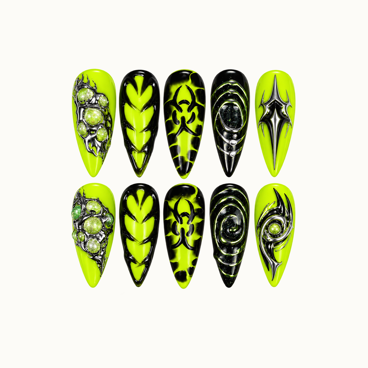 Ten neon green and black nails arranged in two rows on a light background, with silver-toned flourishes, orbital rings, and green gem-like accents.