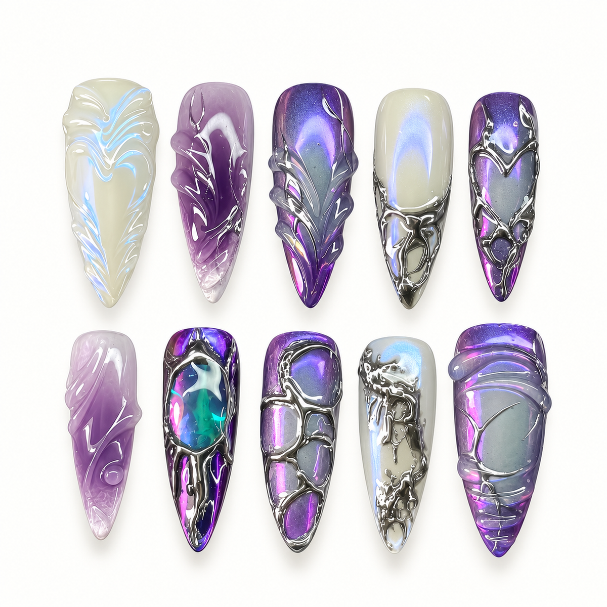 Mystic Chrome Galaxy press-on nails displayed in purple, pearly white, blue, translucent gray, and silver-toned chrome-look abstract designs.