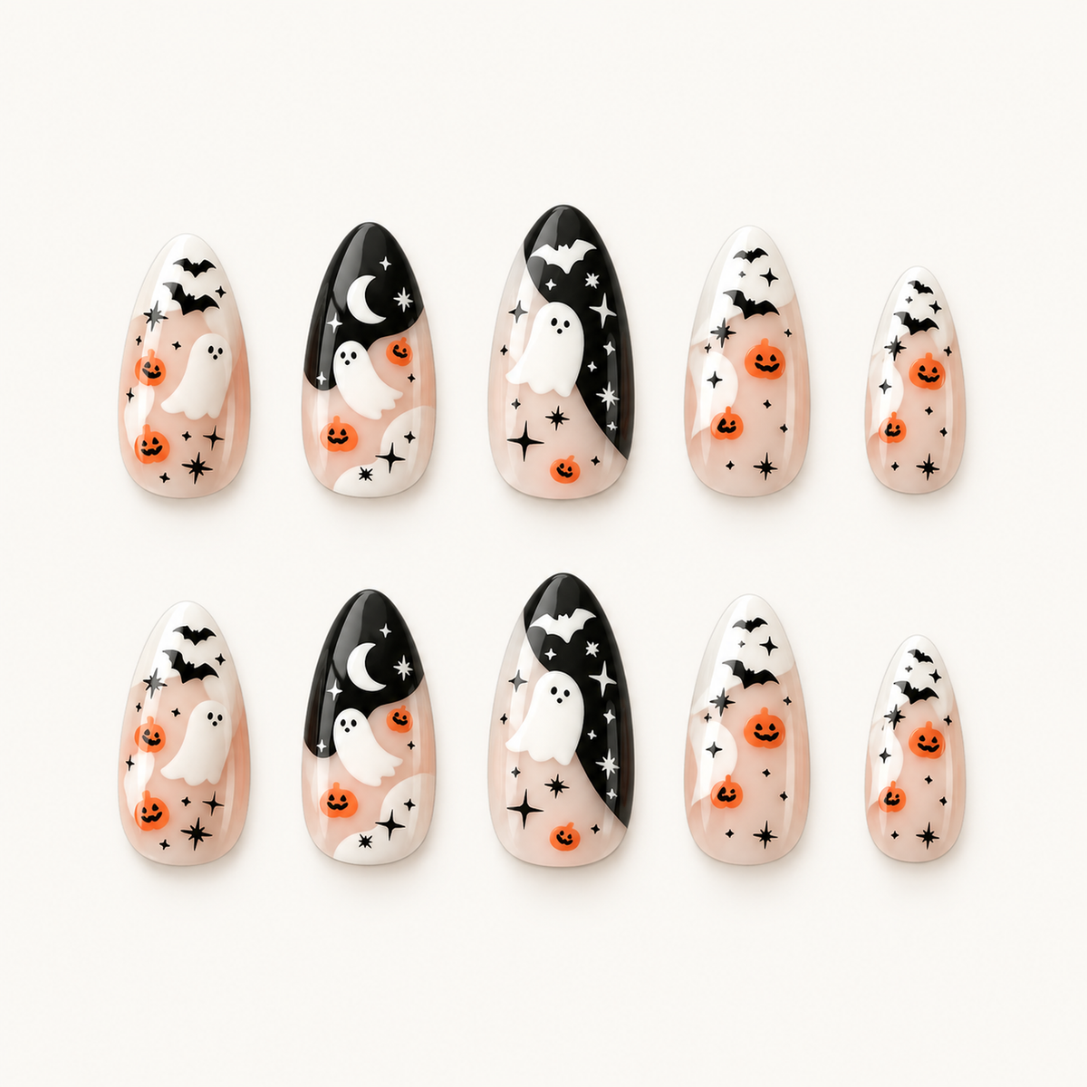 Moonlit Ghost Parade press-on nail set with ivory, black, white, and orange ghost, pumpkin, bat, moon, and star artwork.