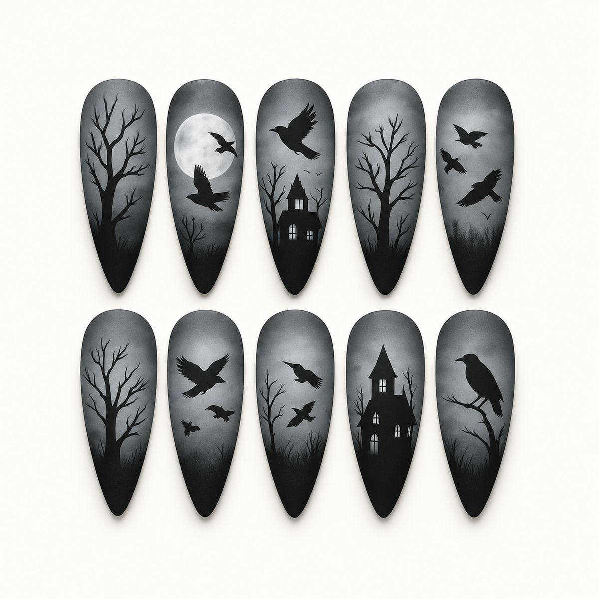 Ten smoky charcoal press-on nails arranged on a light gray background, featuring black birds, bare trees, a moon, and haunted-house silhouettes.