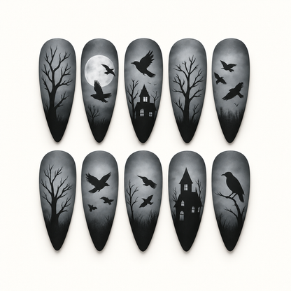 Ten smoky charcoal press-on nails arranged on a light gray background, featuring black birds, bare trees, a moon, and haunted-house silhouettes.