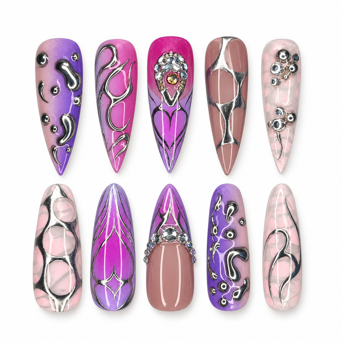 Chrome Orchid Static press-on nail set showing purple, pink, and mauve abstract designs with silver-toned details and crystal-style accents.