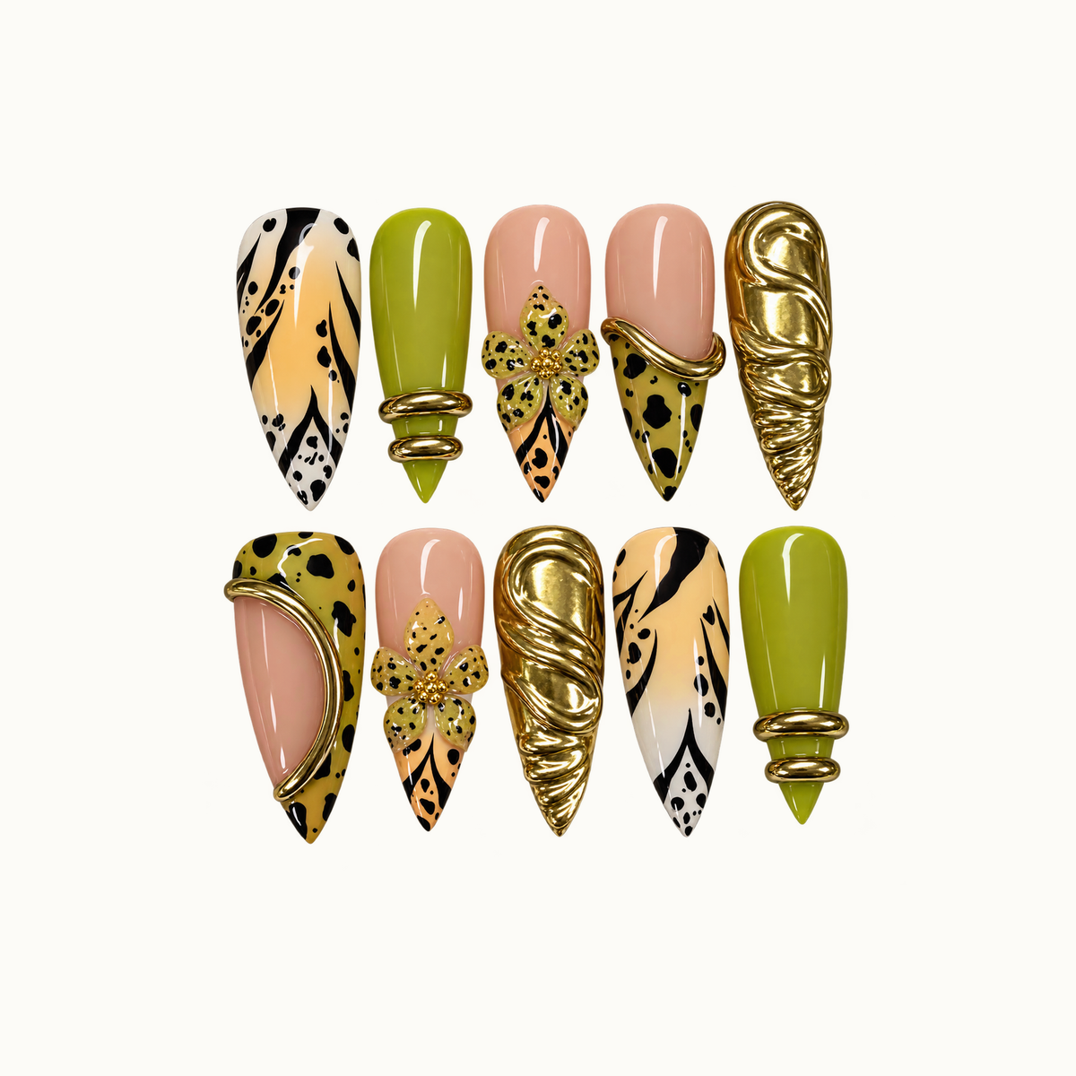 Ten coordinated nails in two rows on a light neutral background, featuring chartreuse green, nude pink, spotted flowers, black patterns, and sculptural gold-tone accents.