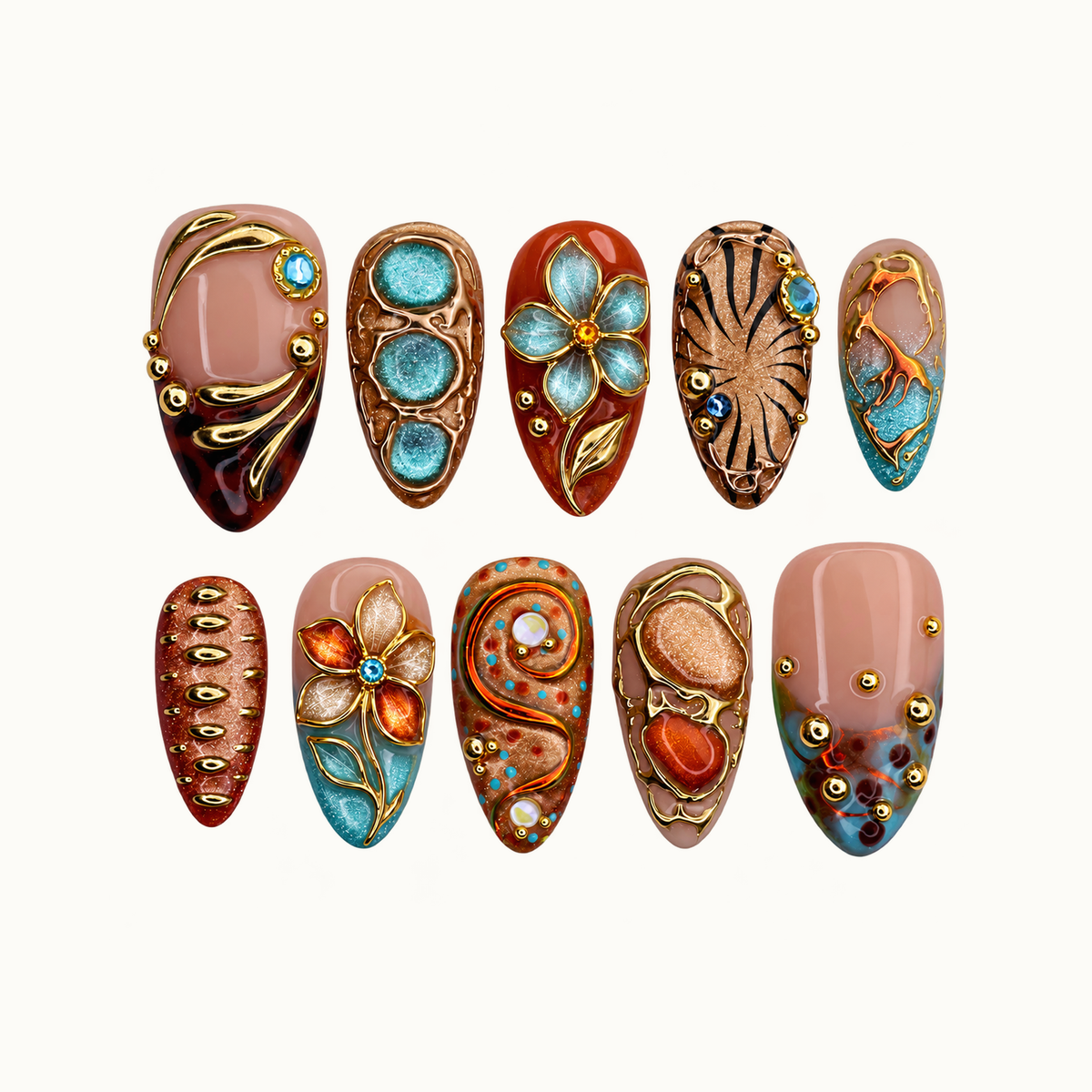 Ten coordinated nails arranged in two rows on a light background, featuring turquoise flowers, amber curves, blush sections, and gold-colored accents.
