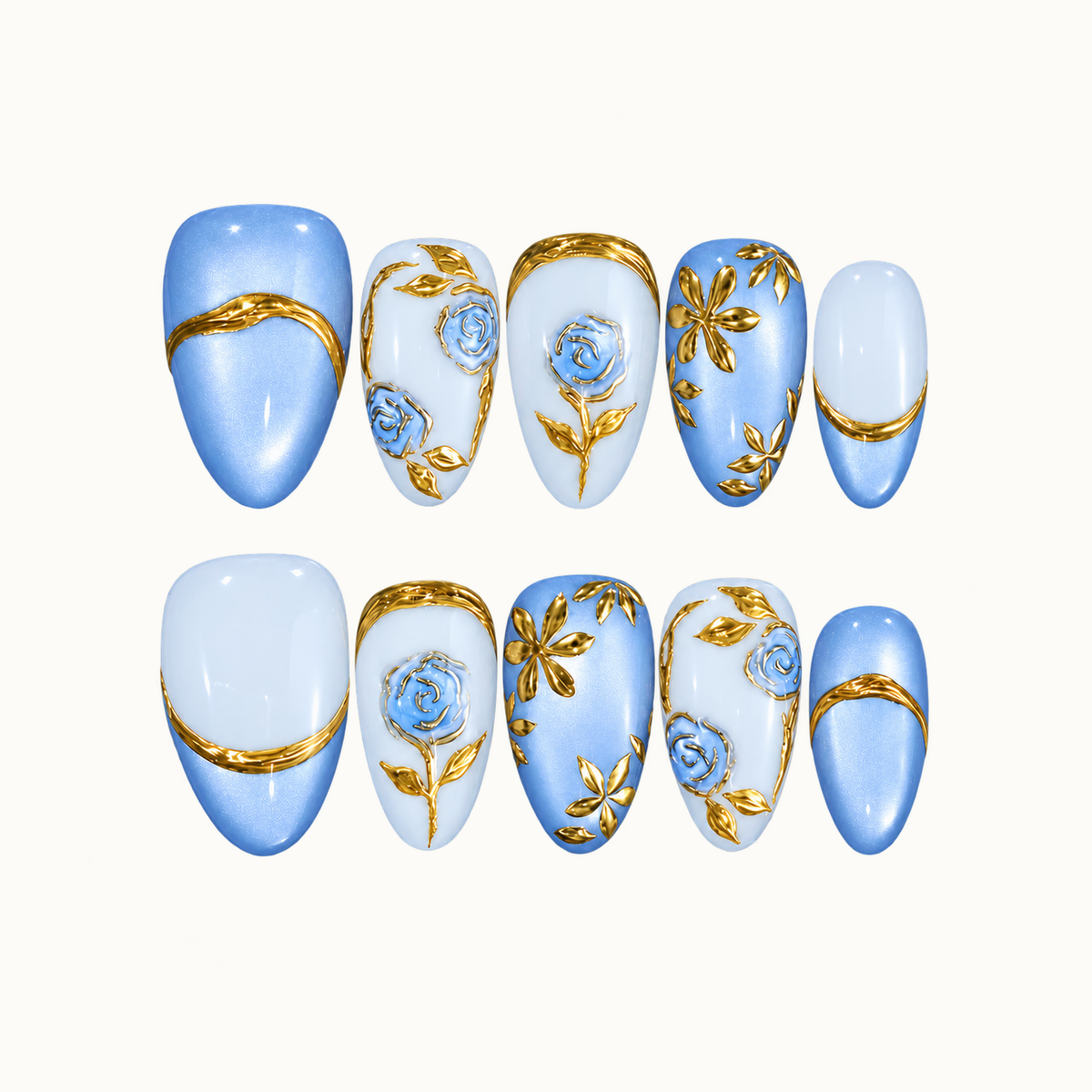 Ten blue and pale blue nails arranged in two rows on a light background, featuring gold-outlined roses, gold leaves, petal clusters, and curved bands.