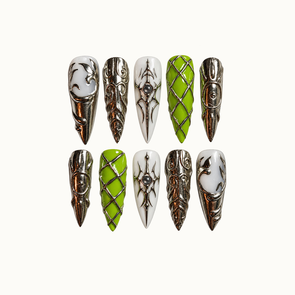 Ten pointed nails arranged in two rows on a pale neutral background, featuring lime green latticework, milky white accents, and ornate reflective silver-tone details.
