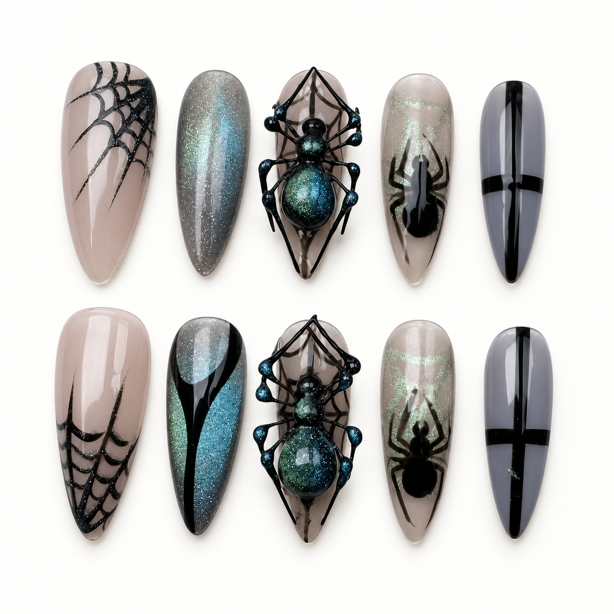 Ten Midnight Spiderweb press-on nails arranged on a white textured board, showing smoky greige bases, black webs, spiders, stripes, and blue-green shimmer accents.