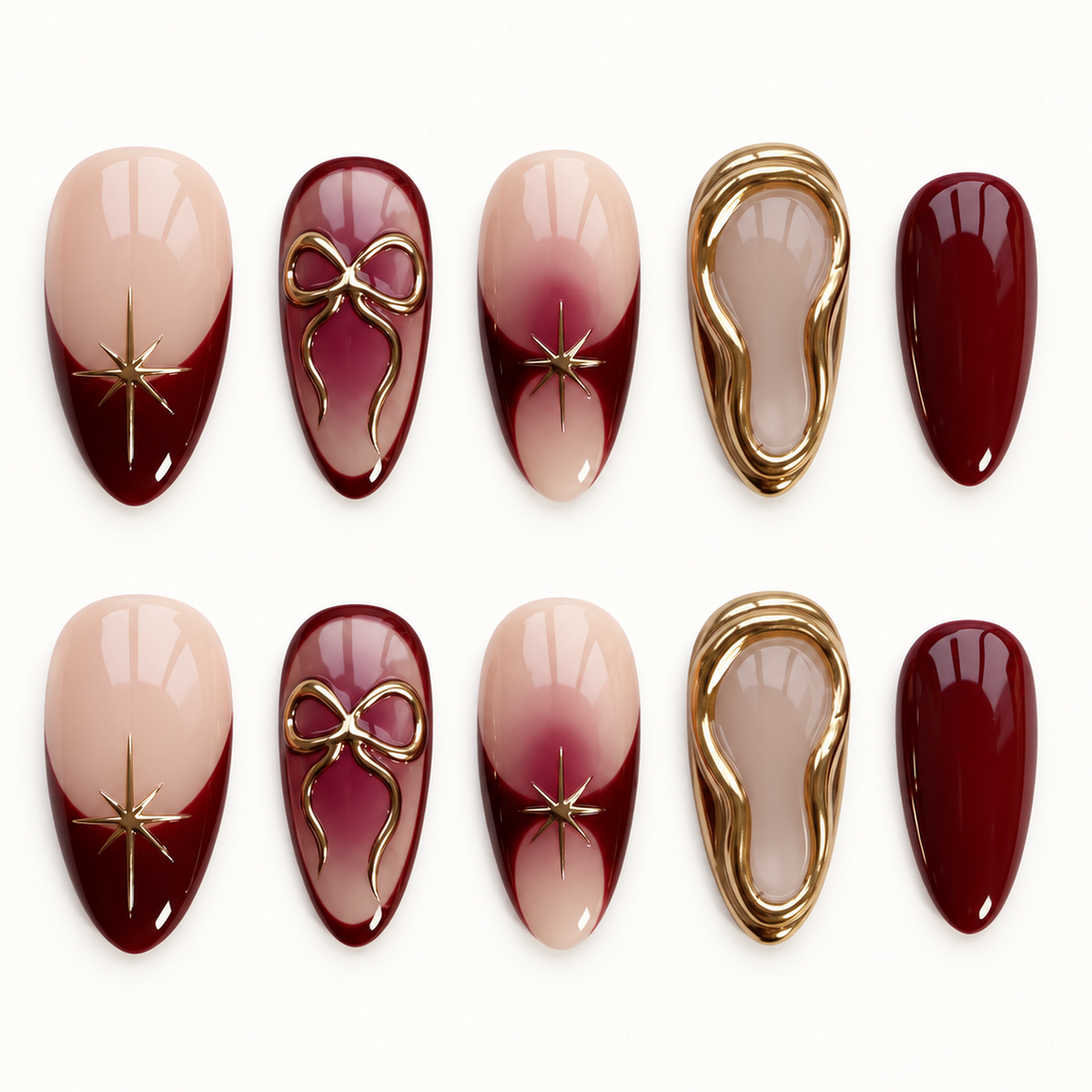 Ten burgundy and blush nude nails arranged in two rows on a light background, featuring gold bows, starbursts, and layered gold borders.