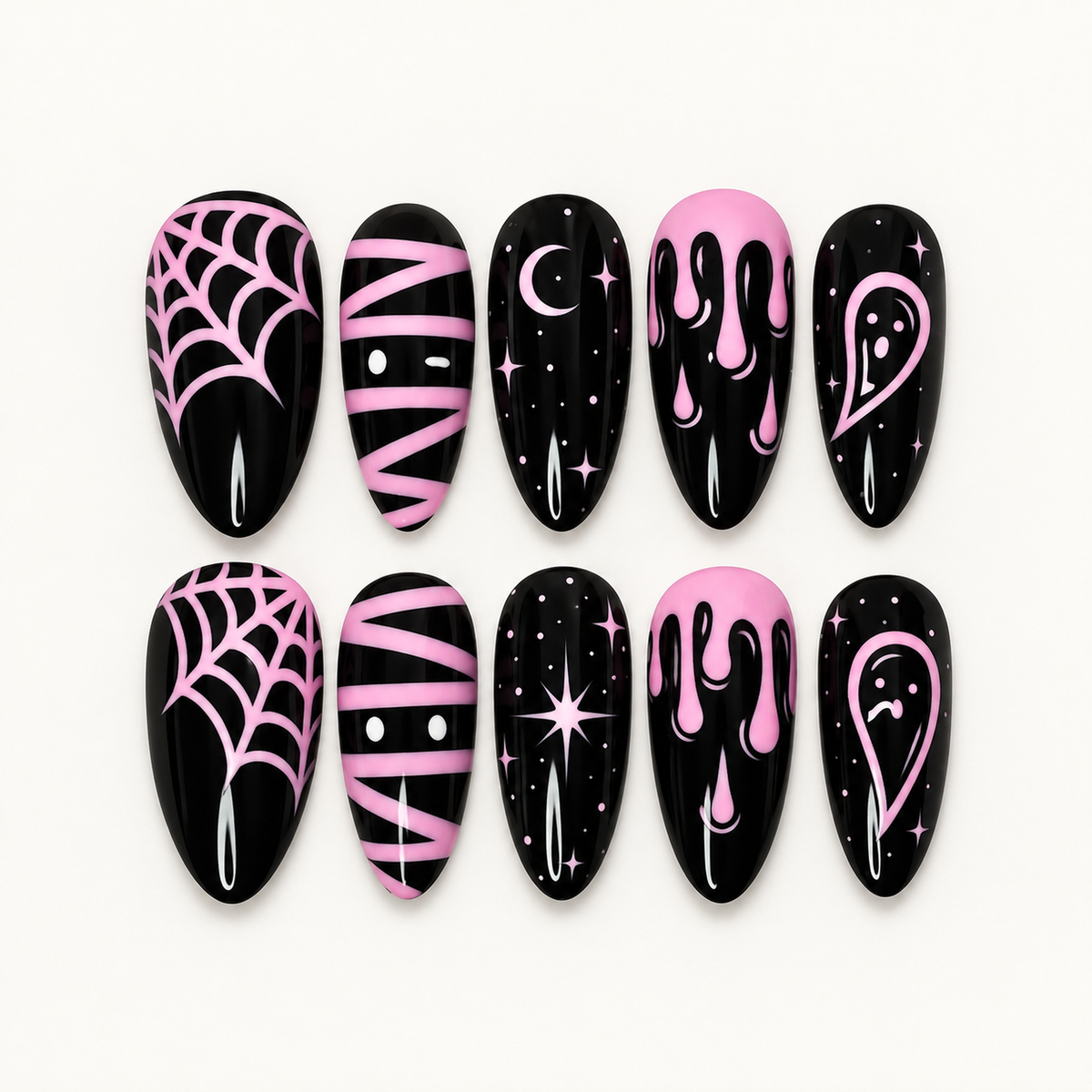 Pink Midnight Web press-on nail set with glossy black bases, pink webs, ghost outlines, wraps, drips, and star accents.