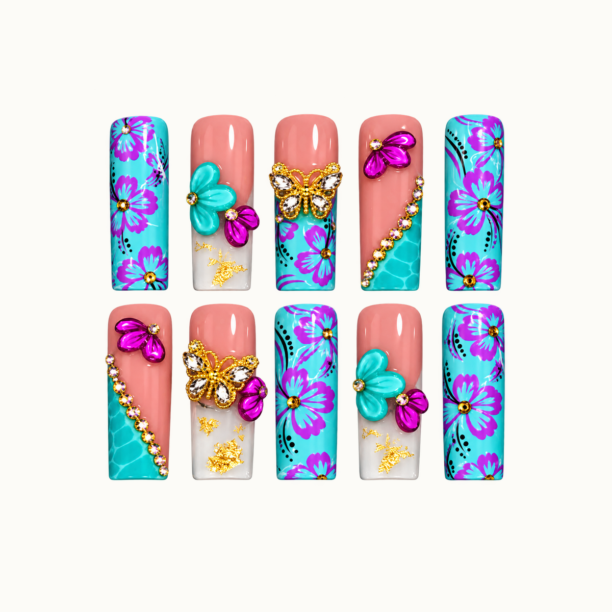 Ten coordinated nails in two rows on an off-white background, featuring turquoise and purple florals, coral pink accents, raised petals, and jeweled butterflies.