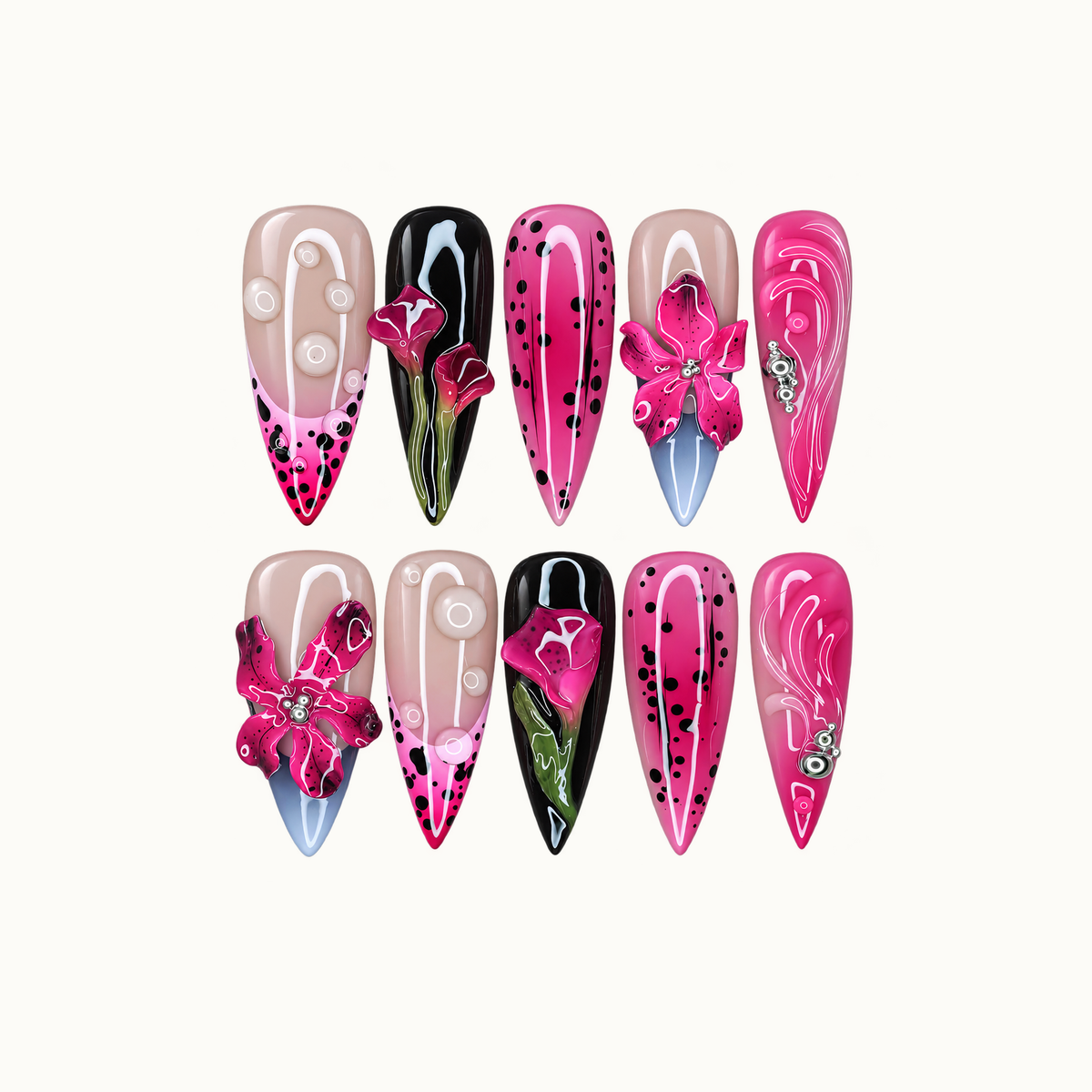 Ten pointed nails arranged in two rows on a light background, featuring fuchsia flowers, black dots, nude sections, pale blue tips, and silver-tone accents.