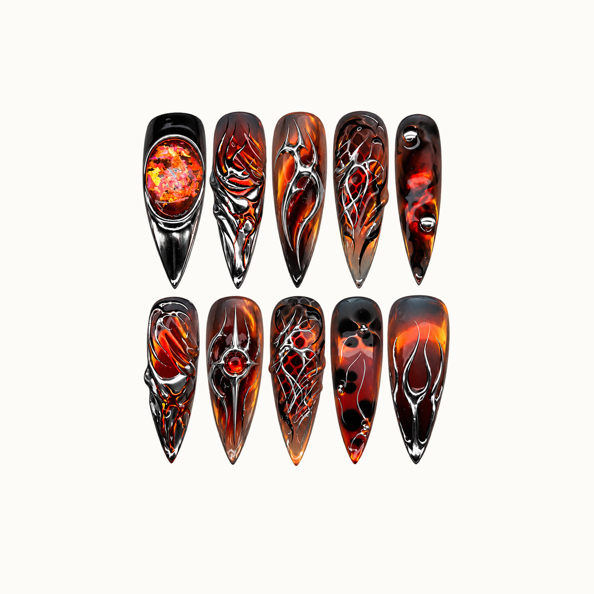 Ten pointed Molten Chrome nails arranged in two rows on a light neutral background, with smoky red-orange bases and silver chrome-look details.