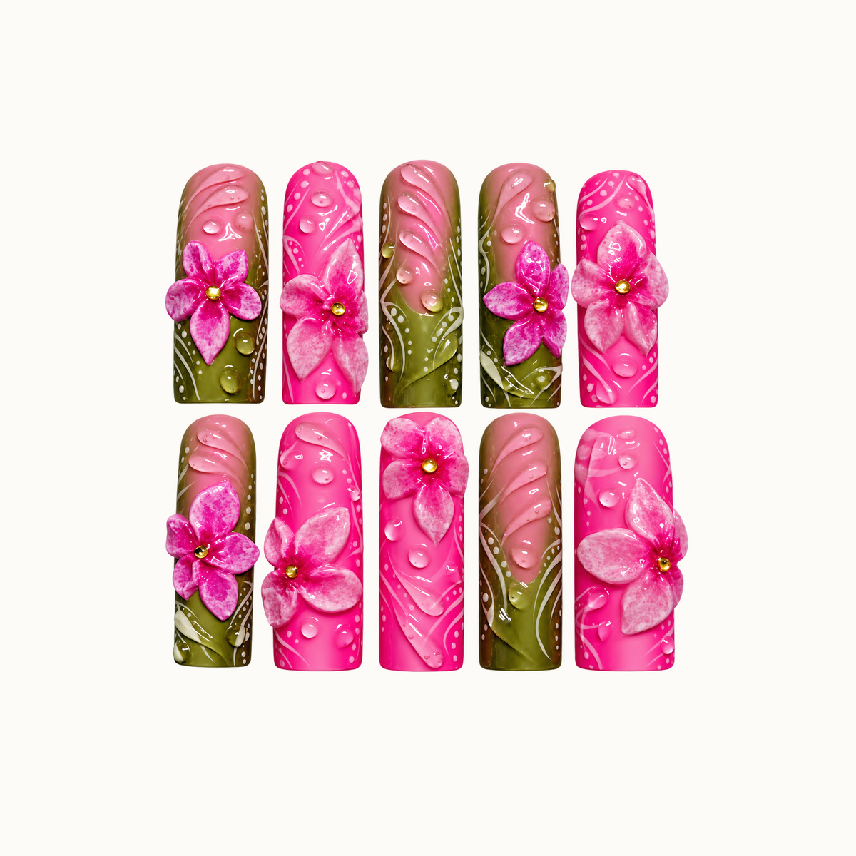 Ten coordinated pink and olive green nails arranged in two rows on a light background, featuring raised flowers, glossy droplets, and white linework.