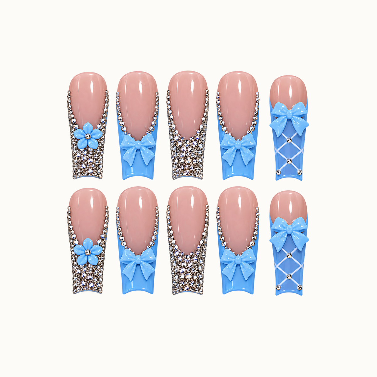 Ten blush-pink and sky-blue nails arranged in two rows on a light neutral background, with blue bows, flowers, rhinestones, and white lattice accents.