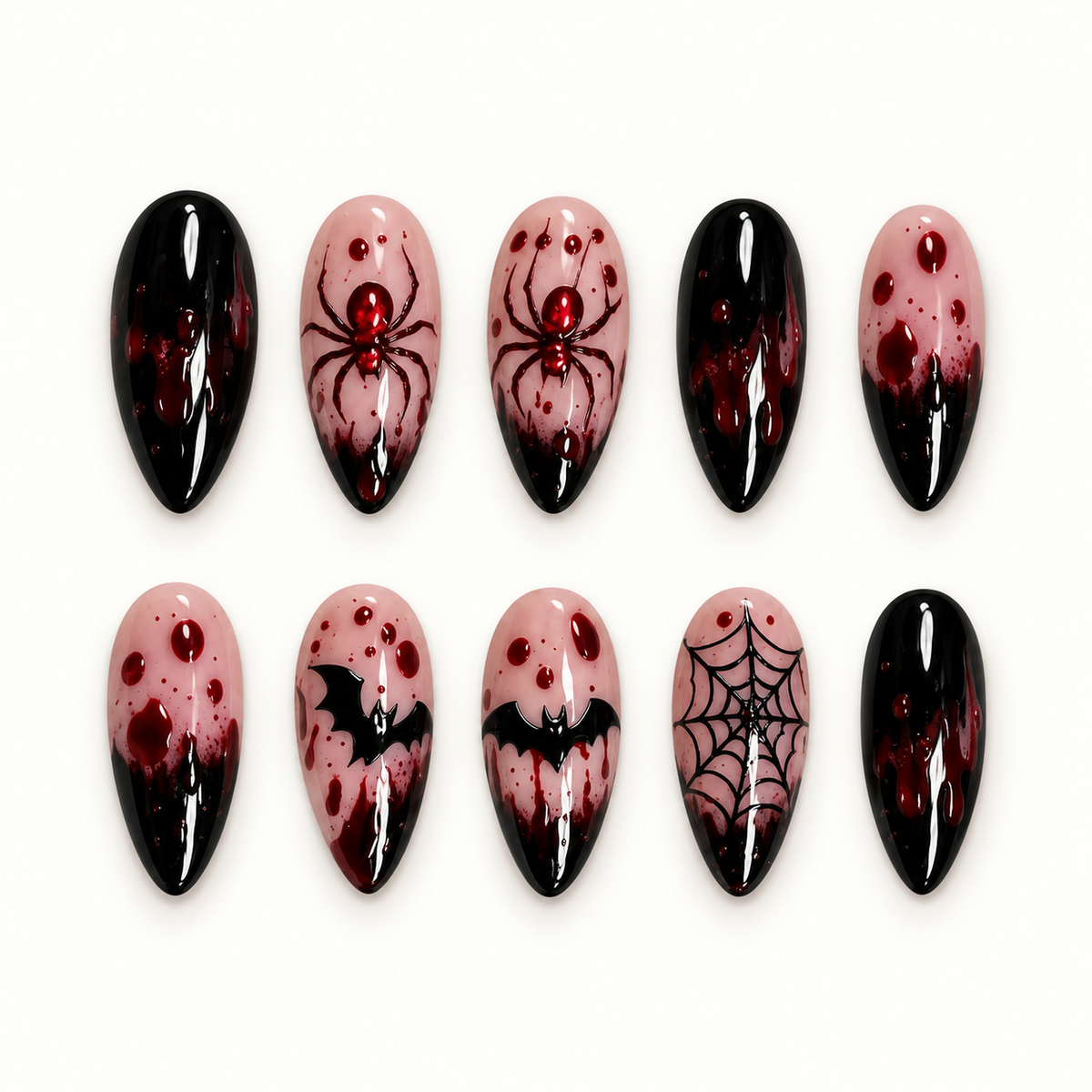 Crimson Web press-on nail set with glossy black tips, deep red drips, spider, bat, and spiderweb artwork on blush-nude bases.