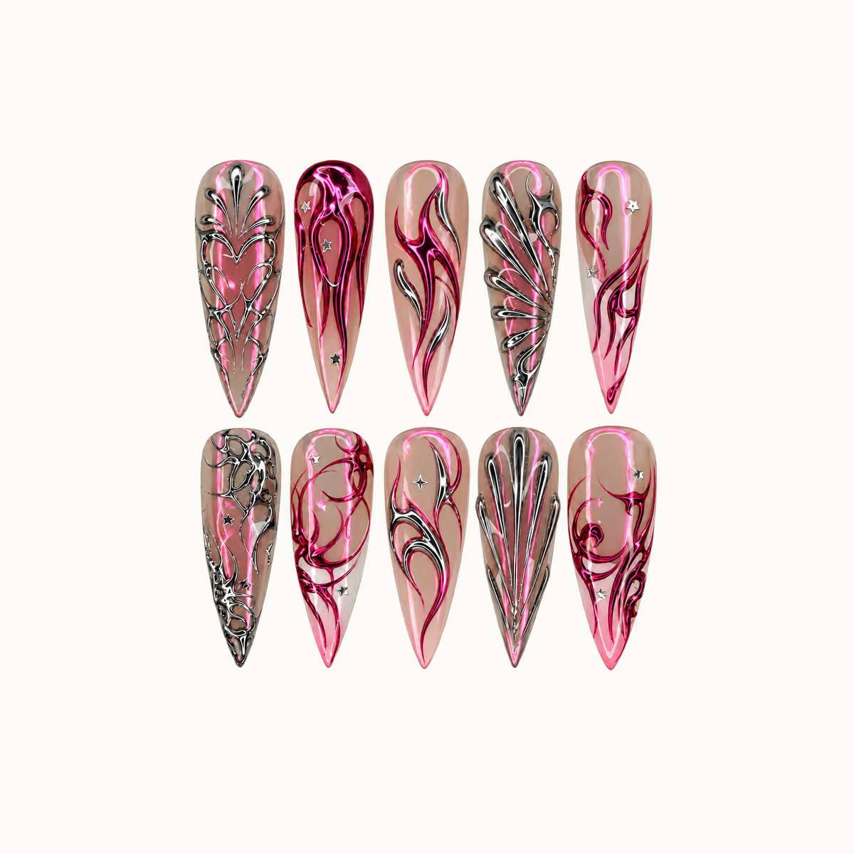 Ten pointed nails arranged in two rows on a light neutral background, featuring nude bases, pink and silver abstract linework, and small stars.