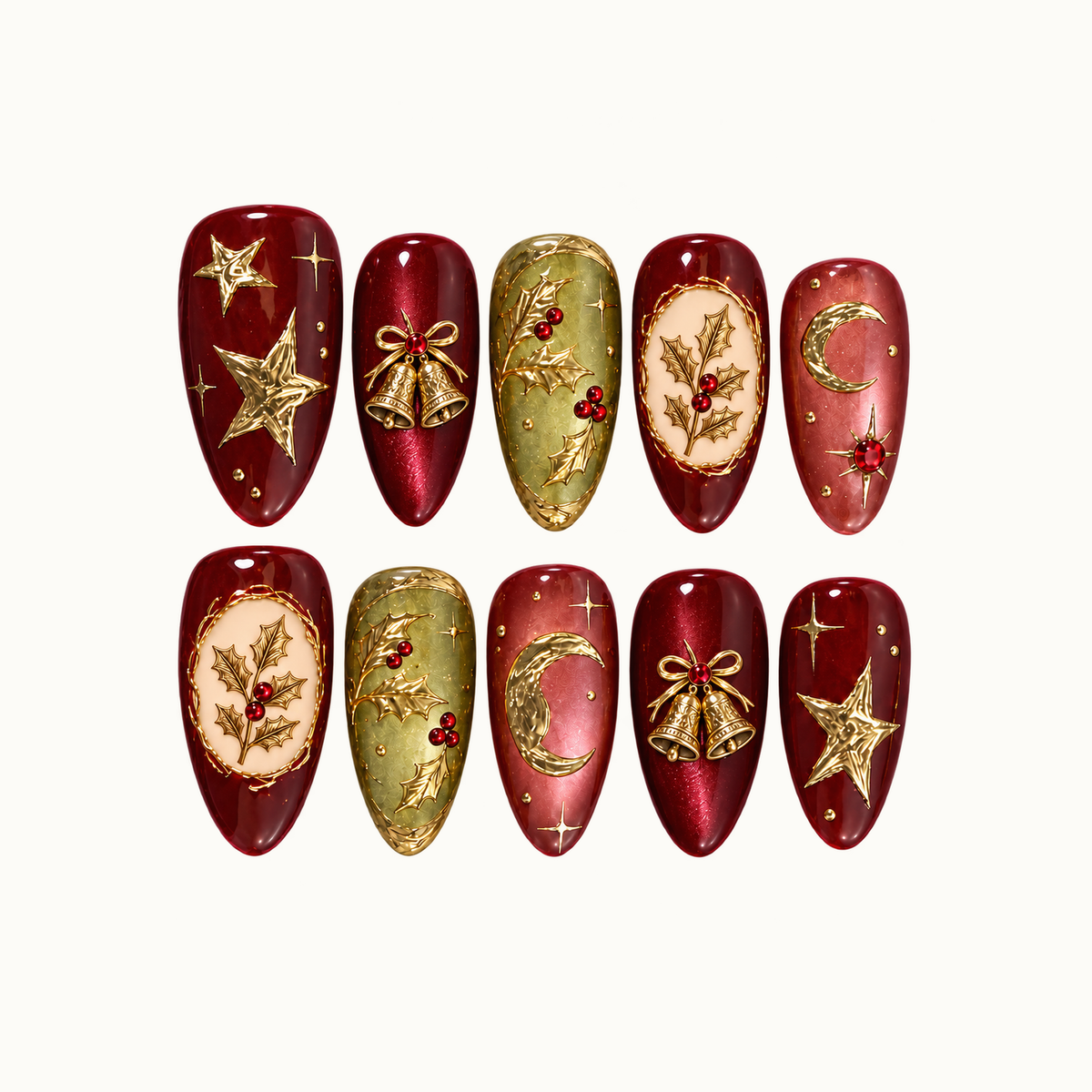 Ten coordinated burgundy, olive, and rose press-on nails arranged in two rows on a light background, with gold-tone holly, bells, stars, and moons.