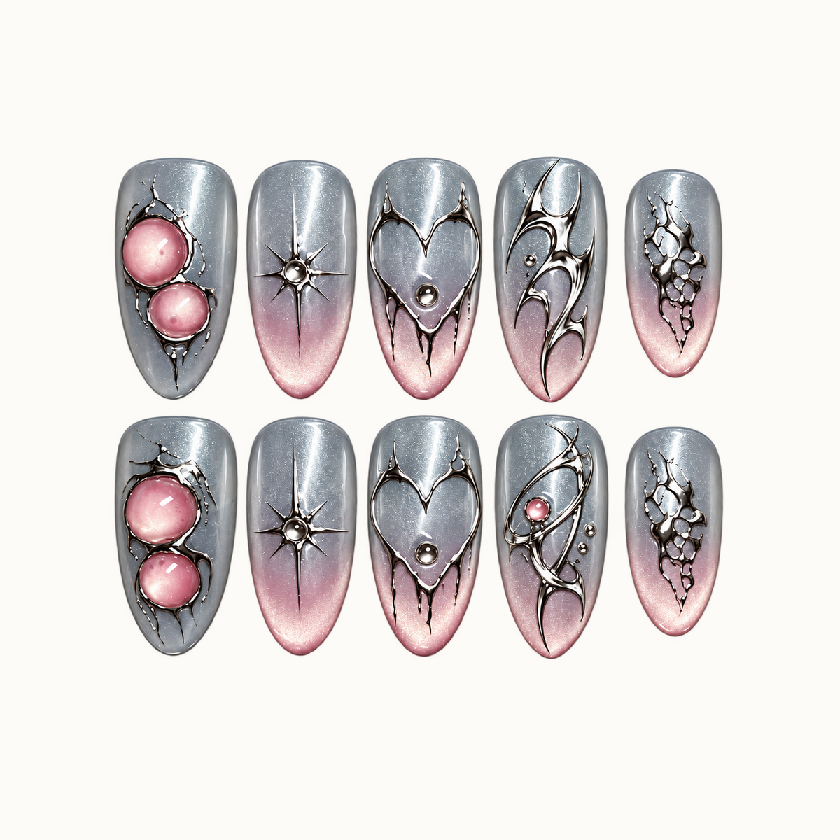 Ten silver-gray and blush pink nails arranged in two rows on a light background, with chrome-look hearts, starbursts, curved ornament, and rounded pink accents.