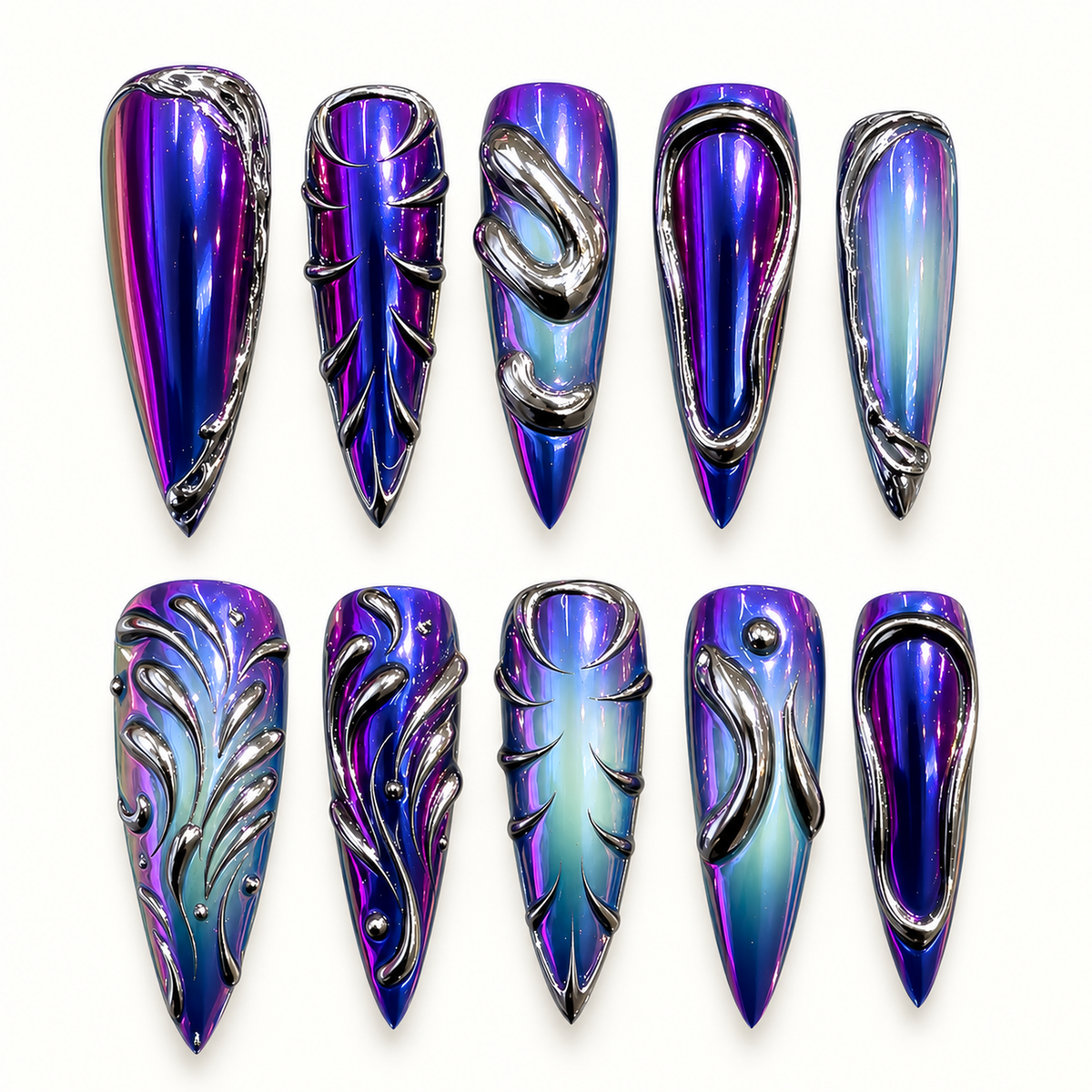 Ten coordinated violet, blue, and teal chrome-inspired press-on nails with raised silver-toned swirl details on a neutral gray background.