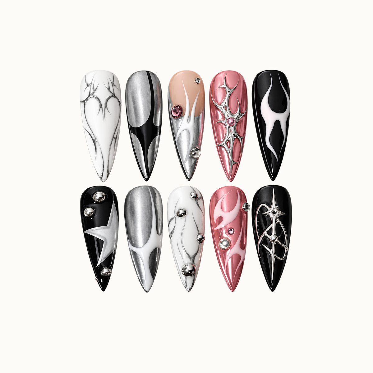 Ten pointed nails arranged in two rows on a light neutral background, with pink and silver effects, black-and-white curves, branching lines, and raised accents.