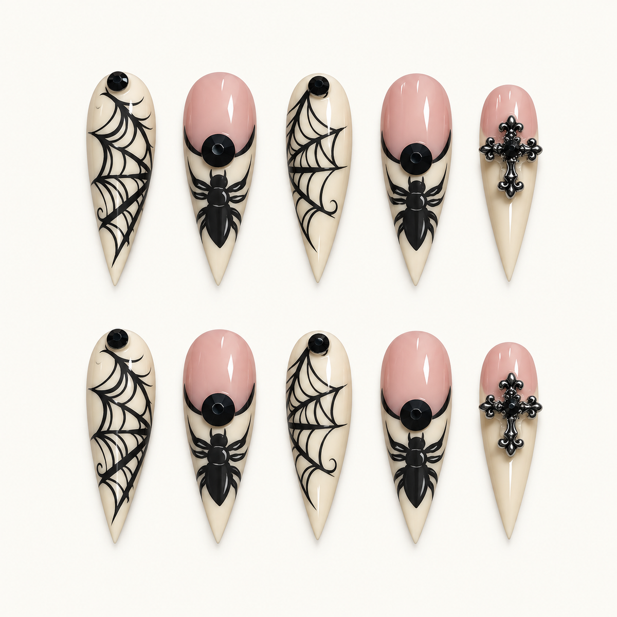 Midnight Web Cross press-on nail set with ivory tips, black spiderweb linework, spiders, black dots, and cross-shaped accents.