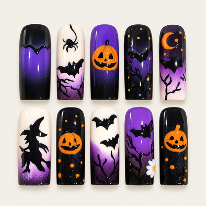 Midnight Pumpkin Spell press-on nail set with purple-black gradients, orange pumpkins, bats, moon, spider, and bare branch artwork.