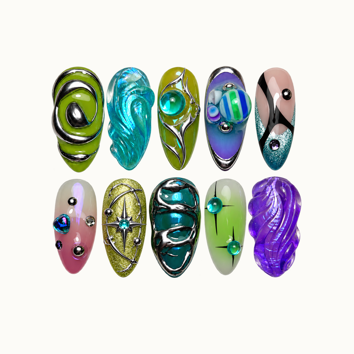 Ten colorful nails arranged in two rows on a light neutral background, showing silver-colored curves, aqua and purple waves, domed accents, and starburst details.