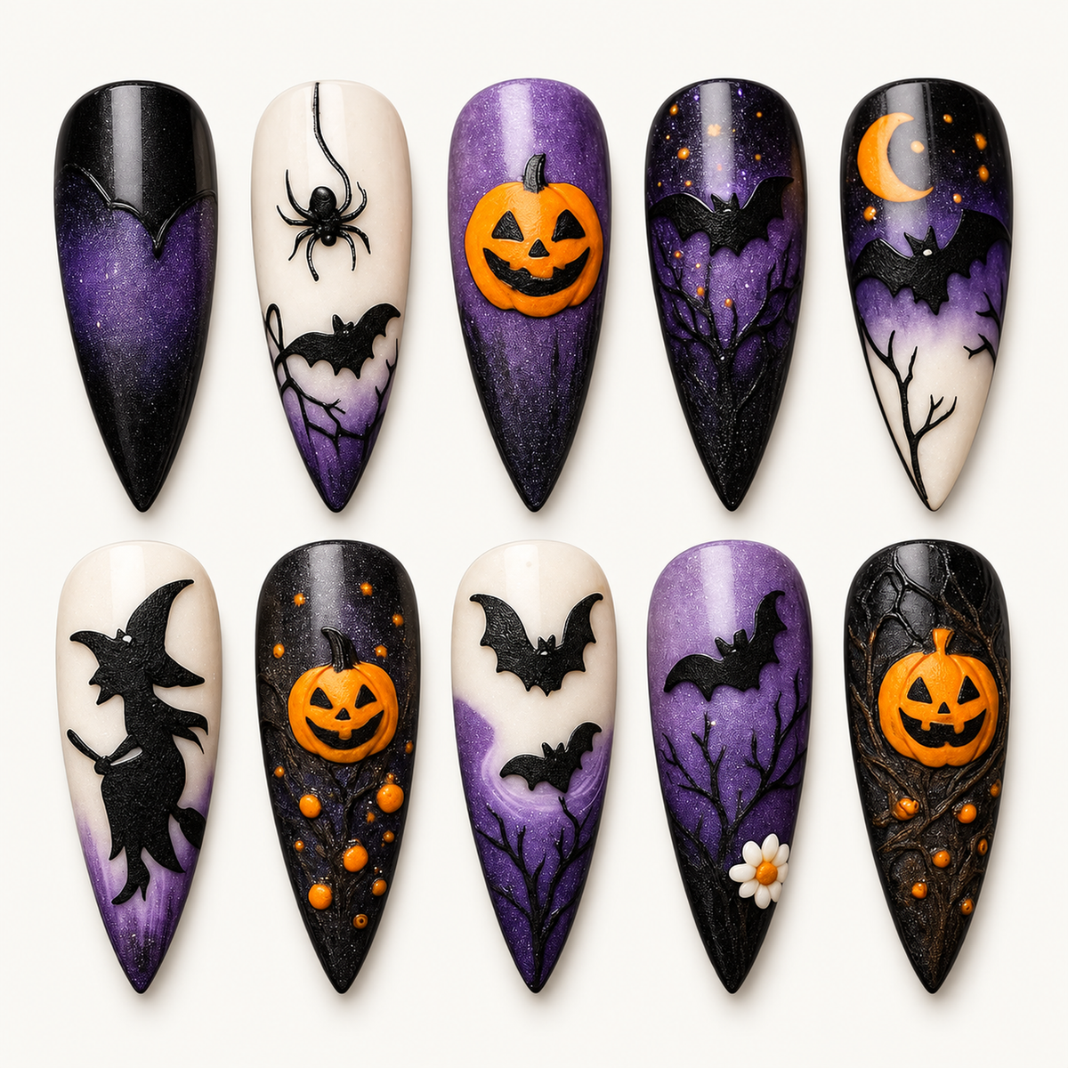 Ten Halloween press-on nails in black, purple shimmer, ivory, and orange with pumpkins, bats, a moon, spider, web, branches, and witch-inspired artwork.
