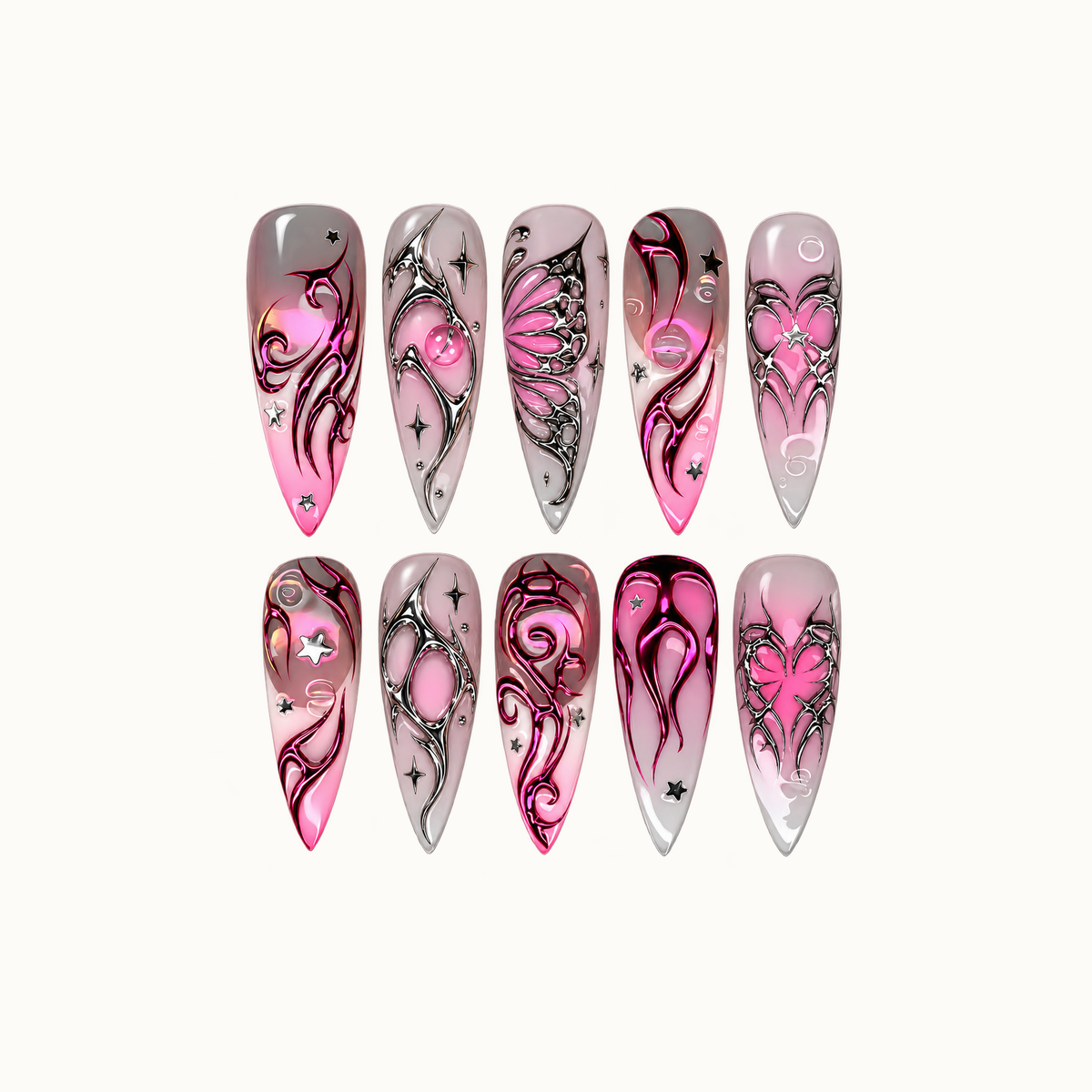 Ten pointed nails arranged in two rows on a light neutral background, featuring pink and smoky gray bases, silver butterfly details, magenta curves, and stars.