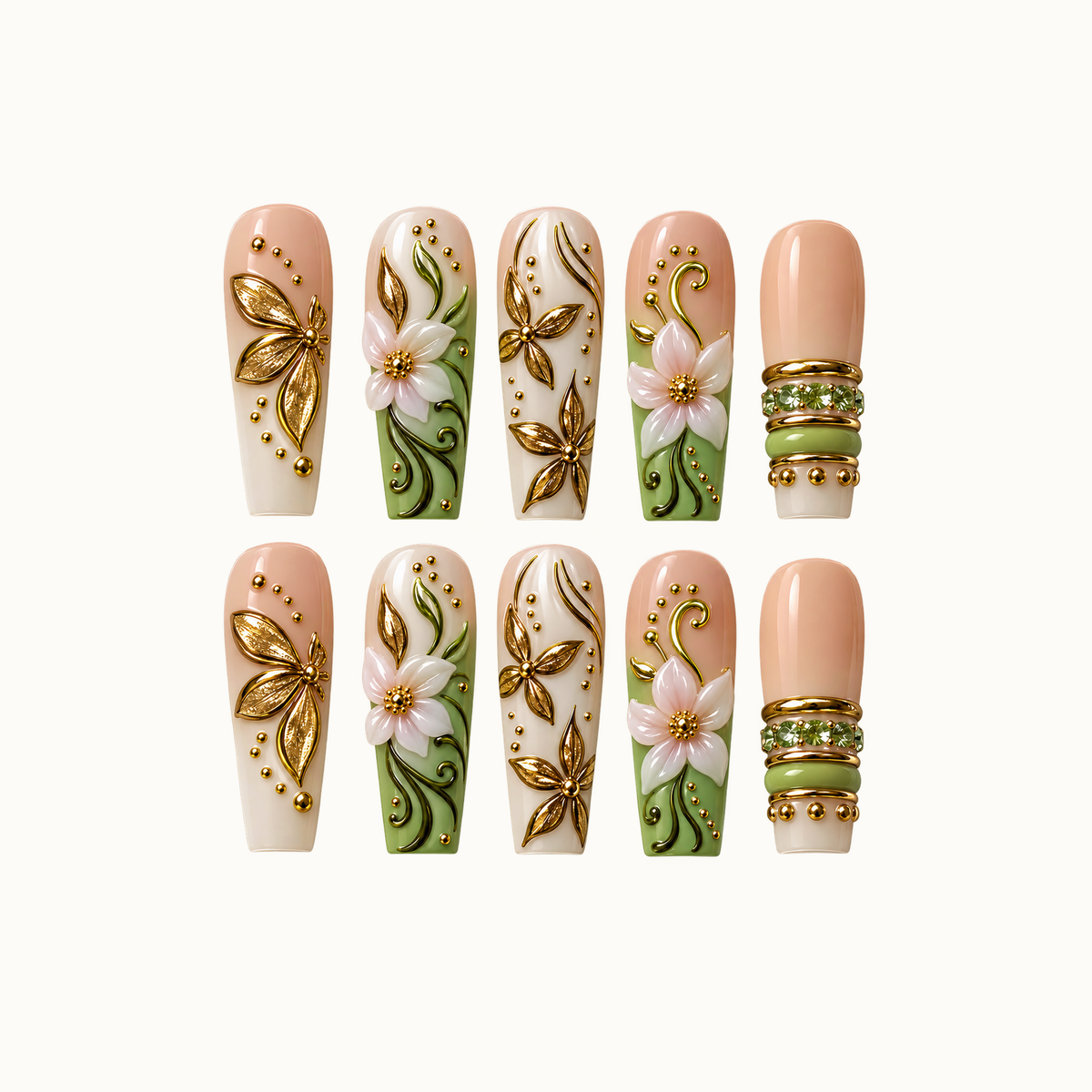 Ten coordinated nails arranged in two rows on a light background, featuring sage green, peach nude, ivory, raised pale flowers, and gold-tone botanical accents.