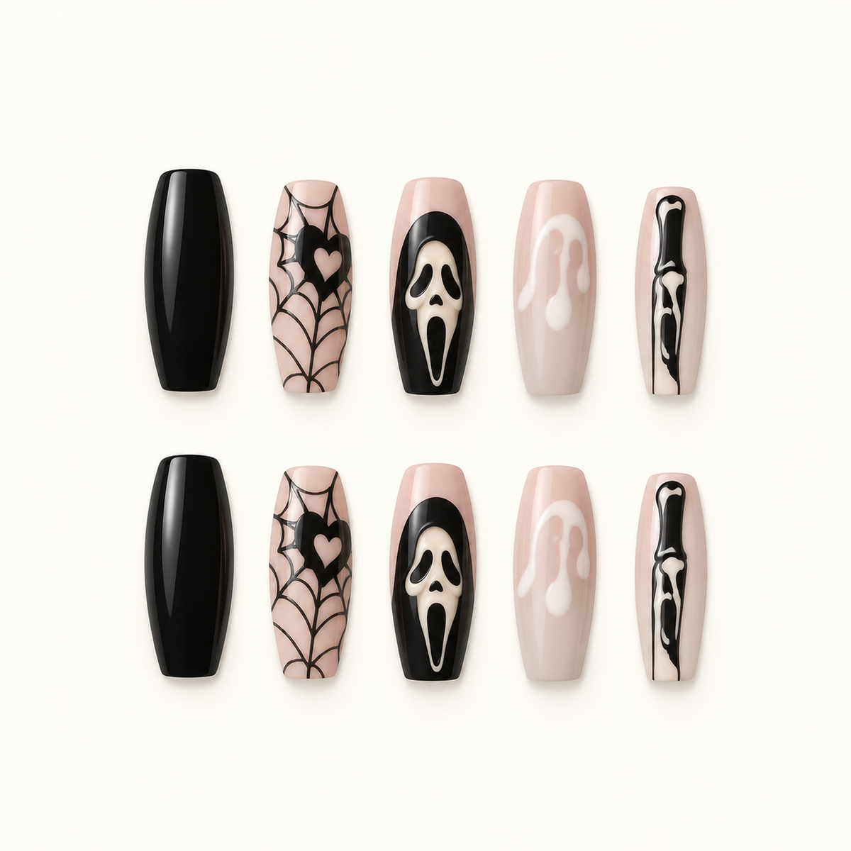 Webbed Noir press-on nail set with black spiderweb artwork, nude and blush bases, black tips, and skull-like accent art