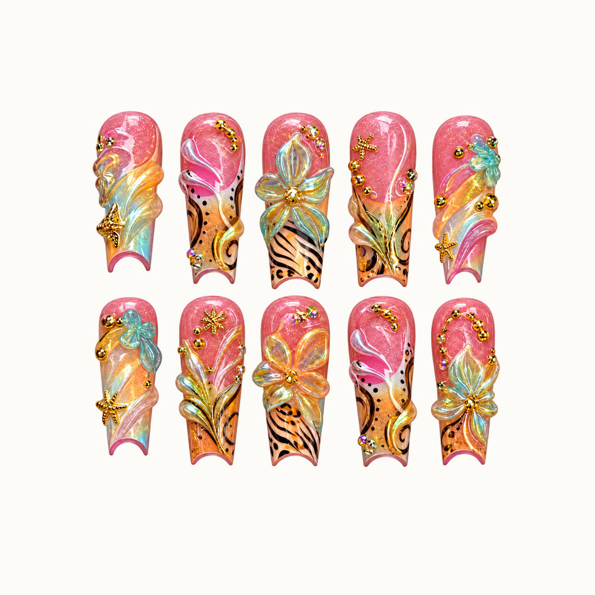 Ten coral-pink and peach nails arranged in two rows on a light neutral background, with raised flowers, aqua swirls, black patterns, and gold-toned starfish accents.