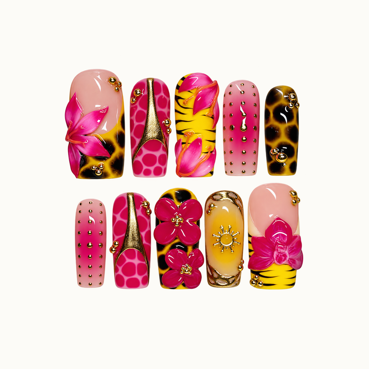 Ten nails arranged in two rows on a light background, featuring raised pink flowers, yellow stripes, spotted patterns, and gold-toned accents.