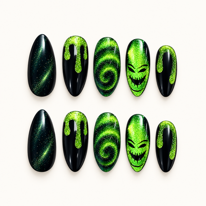 Neon Slime Spell press-on nail set with glossy black and electric-green Halloween-inspired artwork.