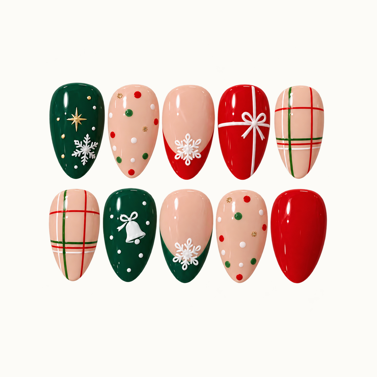Ten glossy Christmas nails arranged in two rows on a light neutral background, featuring red, evergreen, peachy nude, snowflakes, plaid, a bow, and a bell.