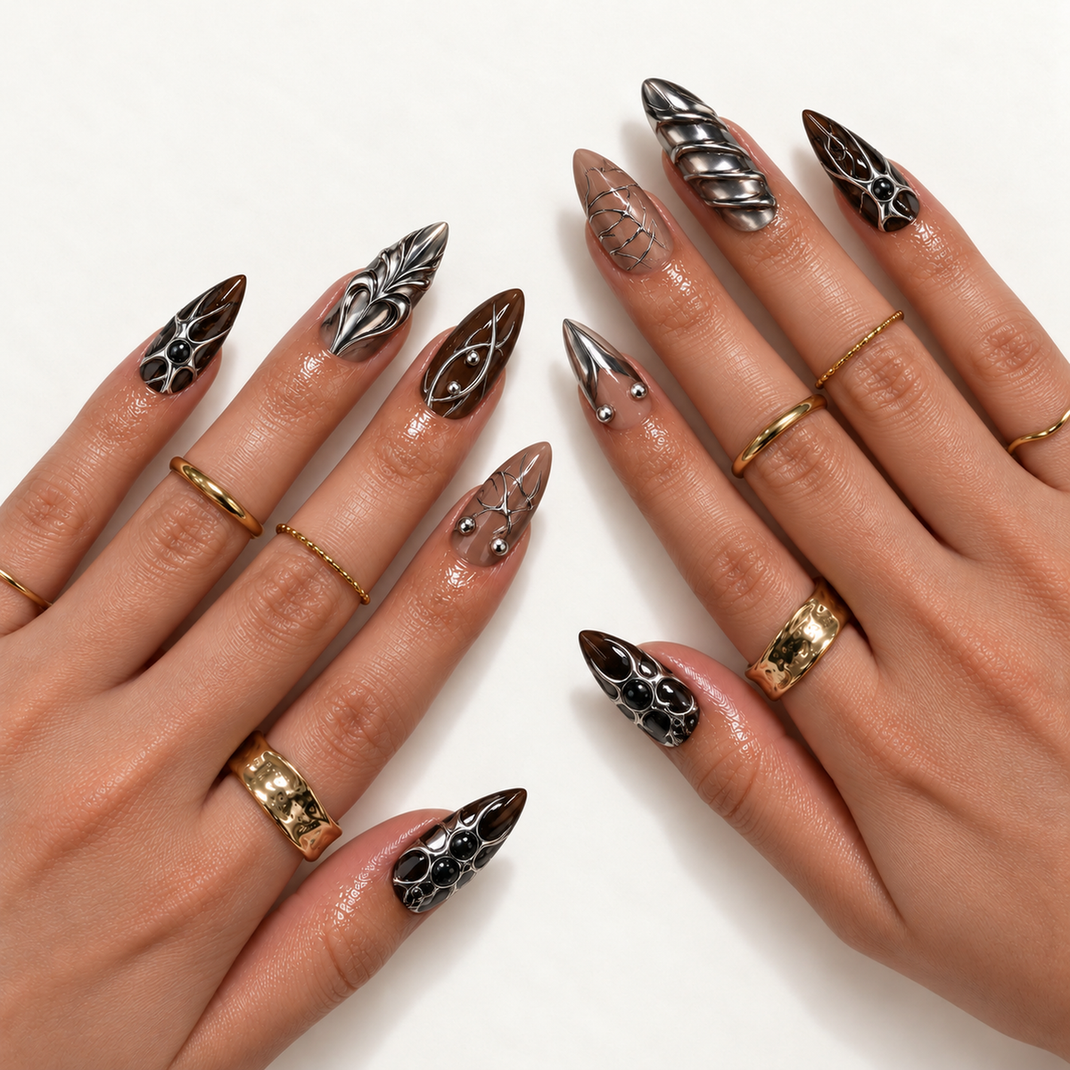 Hand model mockup showing mocha, taupe, and silver-toned nail designs with branching linework, raised swirls, and rounded accents, styled with gold-toned rings.