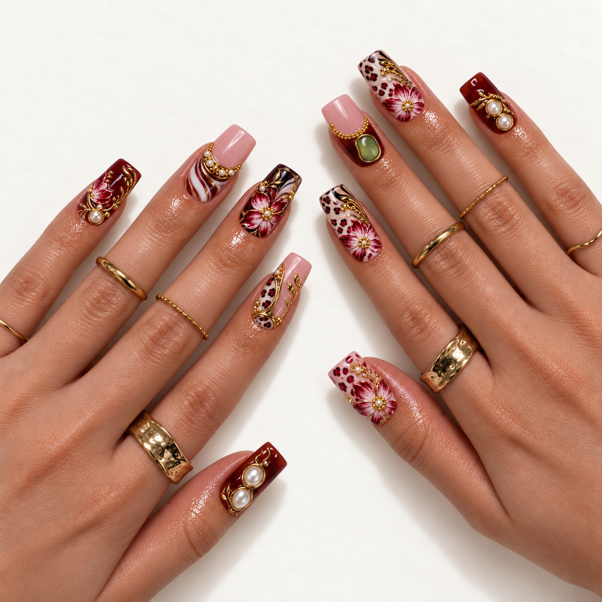 Two hands modeling the burgundy and blush floral nail design with leopard accents, gold-tone ornamentation, and pearl-like embellishments, styled with gold-tone rings.